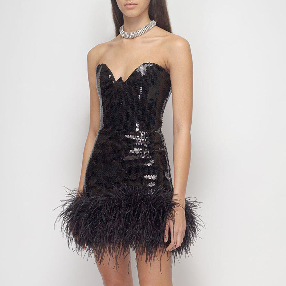 Short sequined dress with feather trim in Black for