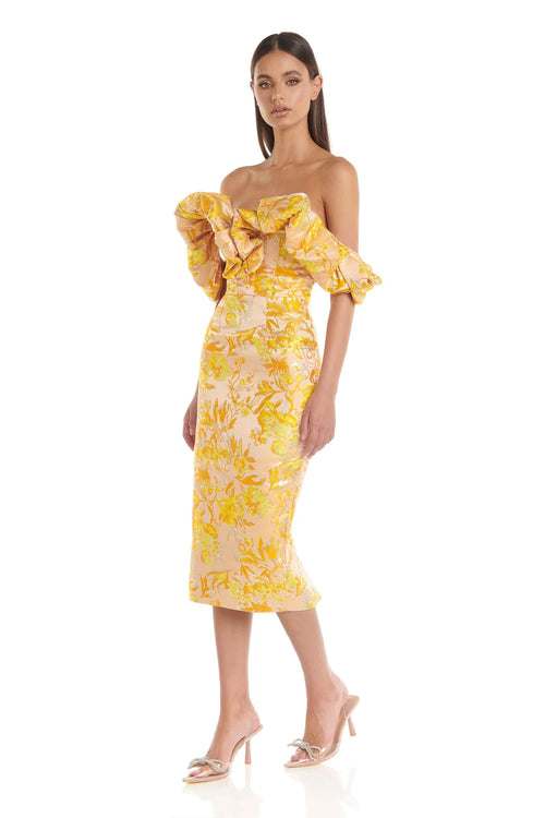 Jacquard Off Shoulder Midi Dress - Yellow