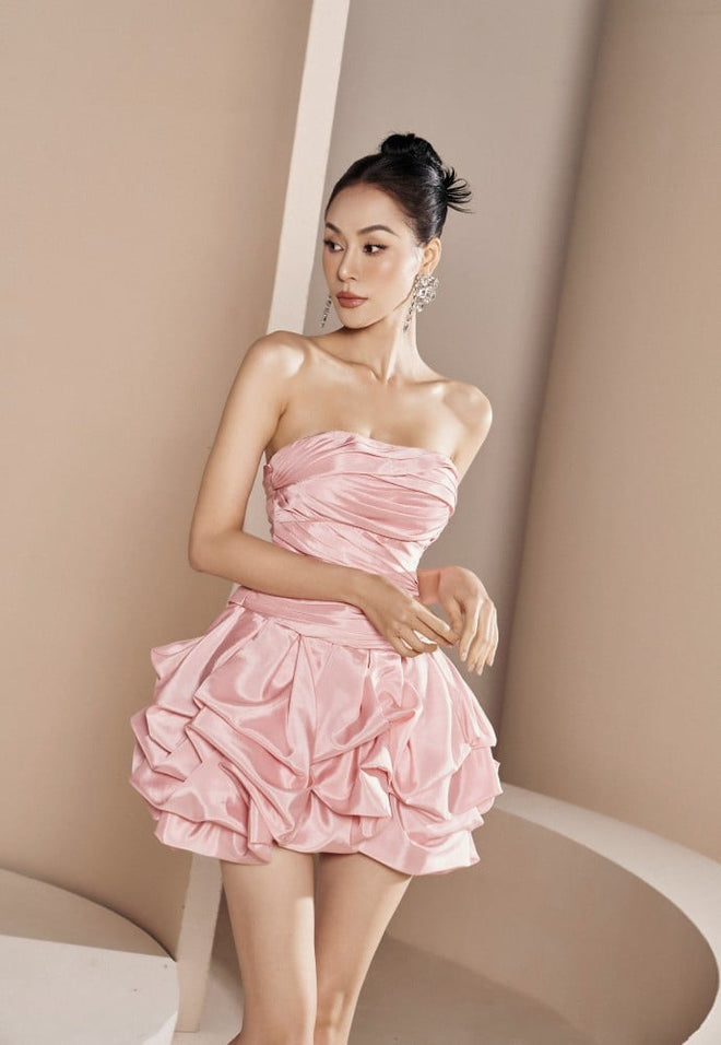 Appliquéd organza light pink mini dress