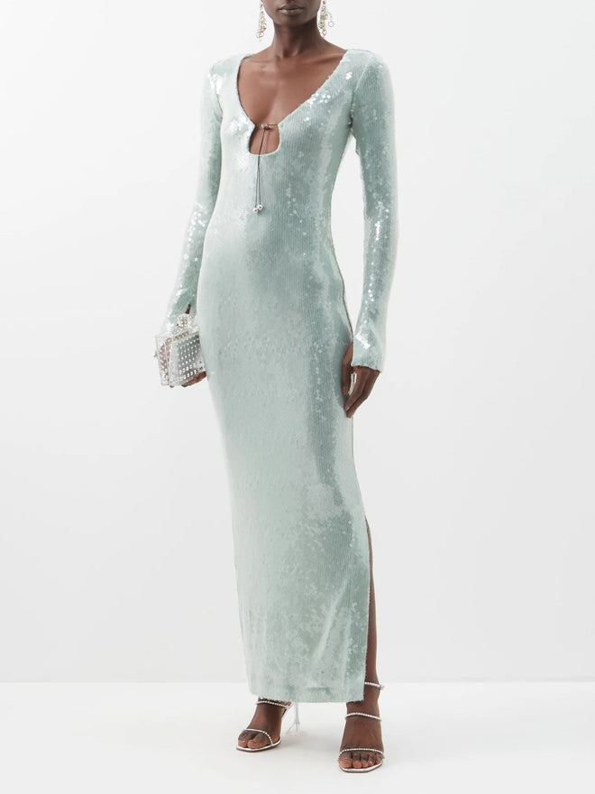 Solaria Long Sleeve Backless Ice Sequin Maxi Dress