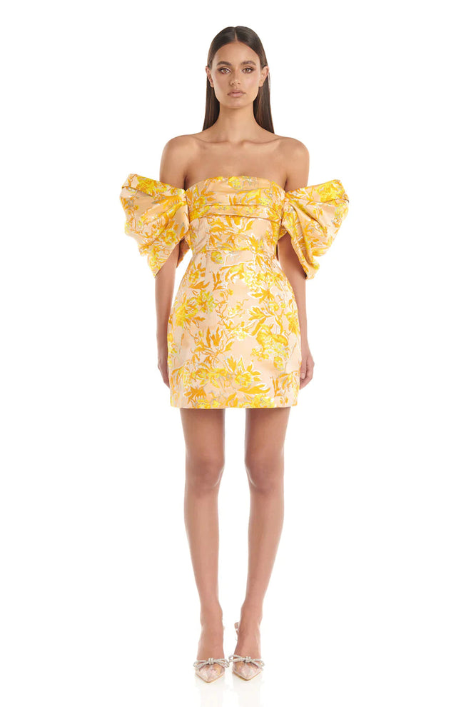 Jacquard Off Shoulder Mini Dress - Yellow