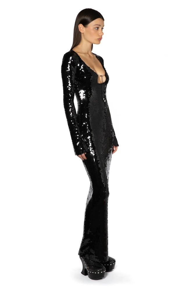 Solaria Long Sleeve Hailey Bieber Dress In Black Sequin - Twin Archives